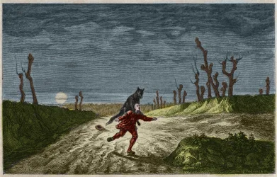 The Werewolf (The Werewolf, lupo mannaro), engraving after a painting by Maurice Sand. Engraving from 1857.