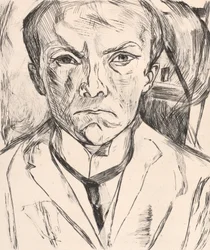 Frontal Self-Portrait with House Gable in Background