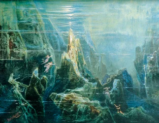 Germany, Bayreuth, Set design for the performance “The Ring of the Nibelung - The Rhinegold” by Richard Wagner, the Rhine daughters