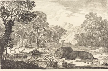 River Landscape with Two Beavers