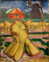 Sheaves of Corn in Front of Red House and Windmill