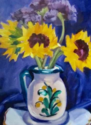 Sunflowers in Blue Pitcher