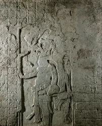 Mayan Panel No. 1 from El Cayo (600-800 AD) Representing a Character Surrounded by Hieroglyphs. Private Collection