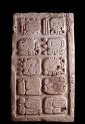 Pre-Columbian Art, Mayan Civilization, Classical Period: Fragment of a Staircase Presenting Glyphs in Lower Reliefs