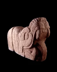 Pre-Columbian art, Maya civilization, Classic period: snake-shaped stone tenon with a wide-open mouth from Escuintla, Guatemala. Dimensions: H. 85 x 121 cm. Guatemala, Museo Nazionale di Archeologia e Etnologia
