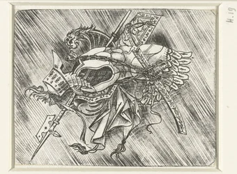 Trophy of arms including armor, helmet, and halberd