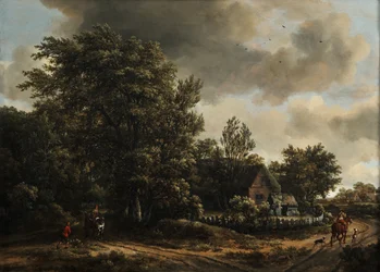 A Wooded Landscape with Travelers on a Road by Cottage