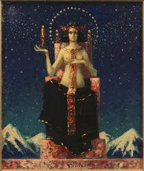 Allegorical Female Figure before Himalayan Night Landscape