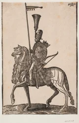 Mounted Soldier, Profile to the Left; Lance with Pennant, Bow Beside, Circular Shield, Quiver; Headdress with Feather Plume
