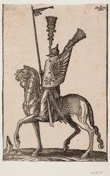 Mounted Soldier, Profile to the Left; Lance with Pennant, Metal Helmet with Very High Feather Plume, Shield with Eagle Wing and an Additional High Feather Plume