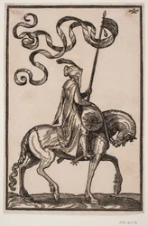 Mounted Standard Bearer, Profile to the Right; the Standard is Two-Pronged, the Rider Unarmed, with a Sausage-Shaped Baggage Sack on the Horse in Front of Him