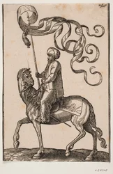 Mounted standard-bearer, profile to the left; the standard is three-pointed and a feather is hung under it; his sword placed between his left leg and the horse