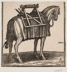 A yet unloaded packhorse with a carrying frame on its back, seen obliquely from behind to the right
