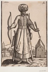 Frontally Seen Turbaned Soldier with Outstretched Arms, Standing in an Open Space in a City; in His Right Hand He Holds a Bow, in His Left an Arrow; Behind His Left Shoulder a Quiver, by His Right Side a Saber