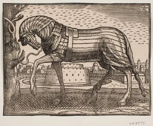Horse Covered with Caparison, Profile to the Left, Tethered to a Tree; in the Background a Town with a Conical Castle in a Circular Moat