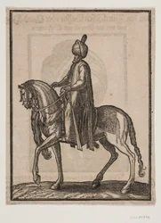 Mounted older man, with club at his side, profile toward the left; beneath the horse