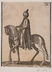 Mounted older man, with club at his side, profile toward the left; beneath the horse