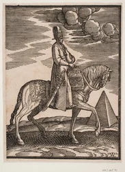 Rider with a Flask Around His Neck, Profile Towards the Right; a Sword at His Right Side and Baggage in Front of Him, Draped Across the Saddle; to the Right, in the Background, a Pyramid