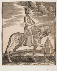 Rider with a Flask Around His Neck, Profile Towards the Right; a Sword at His Right Side and Baggage in Front of Him, Draped Across the Saddle; to the Right, in the Background, a Pyramid