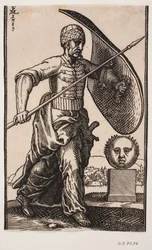 Soldier Walking to the Right; on the Left Arm a Curved Shield, in the Right Hand a Spear; to the Right a Pedestal with a Spherical, Frontal Head; in the Distance Behind the Head a City by the Water