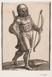 Soldier, Walking to the Right; Boots and Knee-Length Garment; in Left Hand a Bow, in Right Hand an Arrow