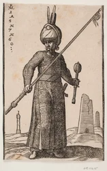 Standing Soldier, Seen from the Front; in His Right Hand, a Lance with a Pennant on the Tip; in His Left Hand, a Club; on His Head, a Turban with Two Feathers; in the Landscape, a 