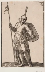 Standing Soldier, Front View; Headgear with High, Thin Top; in Right Hand a Spear, on Left Arm a Shield, Seen from Inside