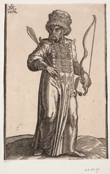 Standing Soldier, Front View, Head Turned Left; Wearing Fur-Trimmed Hat, Hair in Two Braids; Holding Arrow in Right Hand, Bow in Left Hand, Sword Hanging at Left Side