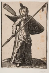 Standing Soldier, Facing Right; Wearing a Turban, Holding a Raised Lance with a Pennant under the Tip; Shield with a Feather Plume Wrapped in Cloth on Left Arm