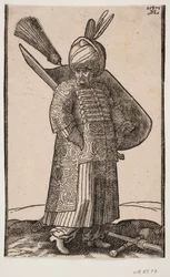 Standing Potbellied Soldier, with Right Hand in Pocket, Facing Right; Two Feathers in Turban; Sword at Left Side, Shield with Feather Plume on Left Arm; Club and Lance Crossed on the Ground in Front of Him