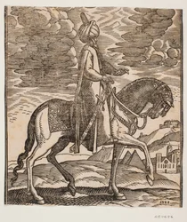 Turban-clad Rider with a Sword at His Right Side, Profile Towards the Right; Between the Horse