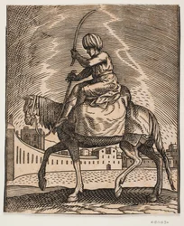 Unarmed Rider on a Carrier Horse, Seen in Profile Towards the Left, Situated on an Open Semi-Circular Plaza; He is Mounted on Top of a Sack and Holds a Raised Switch in His Hand