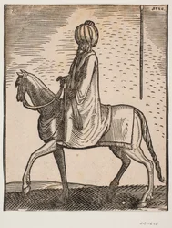 Unarmed Turban-Clad Rider, Profile Towards the Left; in the Upper Right Area of the Picture, a Separate Delineation of a Stick