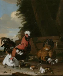 A Bantam Cockerel with Hens and Chicks in a Farmyard