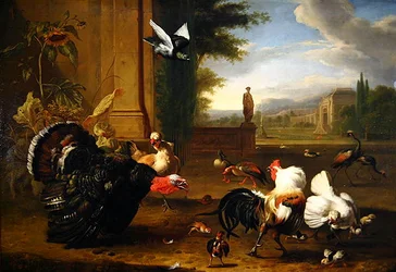 A Turkey, Cock and Cockerel and other exotic fowl in a park setting