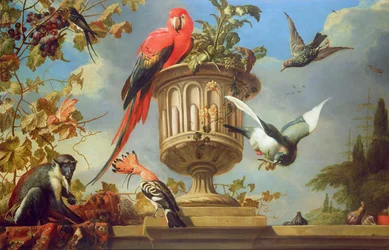 Scarlet Macaw Perched on an Urn, with Other Birds and a Monkey Eating Grapes