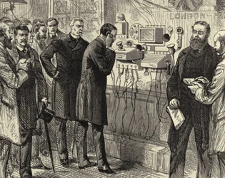 Opening of the Anglo-English telephone line. The first London to Paris telephone conversation at the General Post Office, London. Bell instruments were used at the London end. Wood engraving Paris 28 March 1891.
