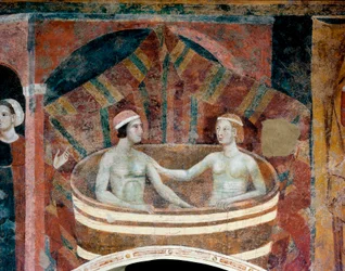 Scene of conjugal life in the Middle Ages. A couple doing their toilet in a tub. Detail. Fresco, early 14th century
