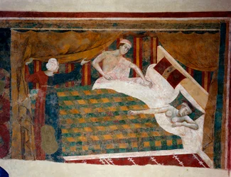 Scene of Conjugal Life in the Middle Ages. A Man Joins His Wife Sleeping Naked in Bed. Detail. (fresco, early 14th century)