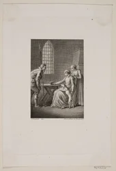 Illustration with a Watchman in Front of a Seated and a Standing Woman