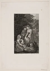 Illustration with Four People Around a Sick Boy in a Forest