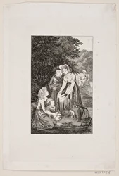 Illustration with Four People Around a Sick Boy in a Forest