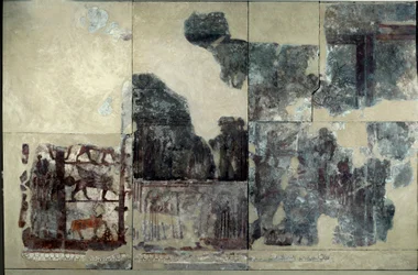 Mesopotamia: Palace of Zimrilim, investiture painting: representation of a winged bull, sphinx and griffon. Detached fresco dating from the reign of Zimri-Lim (Zimri Lim) (ca. 1782-1759 BC) from Mari. Paris, Louvre Museum.