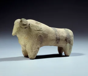Mesopotamia: Terracotta Bull Statuette with Painted Strips (Obeid Period)