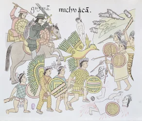 Battle of Michoacan between the Spanish and the Aztecs, illustration from a facsimile of a Mexican Indian picture history Lienzo de Tlaxcala of c.1550, 1892