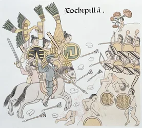Battle of Xochipilla between the Spanish and the Aztecs, Illustration from a Facsimile of a Mexican Indian Picture History Lienzo de Tlaxcala of c.1550, 1892