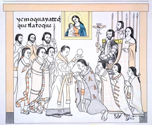 Caciques Receiving Communion from a Priest in the House of Hernando Cortes, Illustration from a Facsimile of a Mexican Indian Picture History Lienzo de Tlaxcala of c.1550, 1892