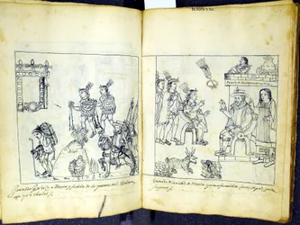 Cortez and Montezuma, from Historia de Tlaxcala by Diego Munoz Camargo