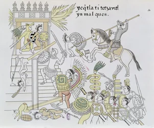 The Burning of the Idols by Hernan Cortes, illustration from a facsimile of a Mexican Indian picture history Lienzo de Tlaxcala of c.1550, 1892