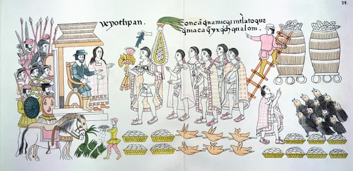 The Tlaxcalan Chieftain, Maxixcatzin, Presents a Bouquet of Roses and Other Gifts to Hernando Cortes as Tokens of Welcome, Illustration from a Facsimile of a Mexican Indian Picture History